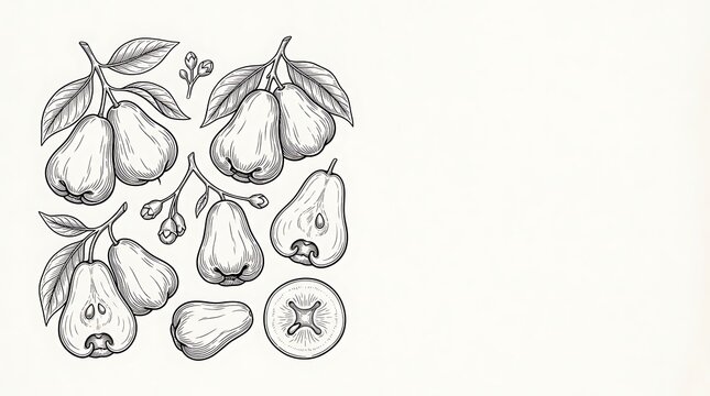 Botanical sketch of rose apple branches and fruit slices
