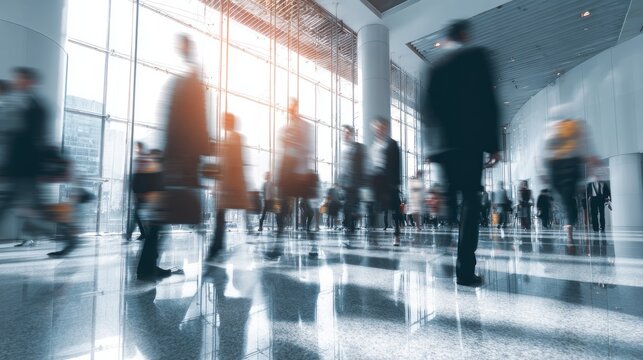 Bright modern office workplace with business professionals walking in blurred motion, dynamic corporate activity, contemporary workspace interior, and busy team movement concept