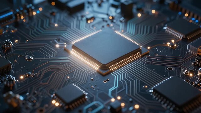 Close-Up of a Computer Chip on a Circuit Board with Glowing Details