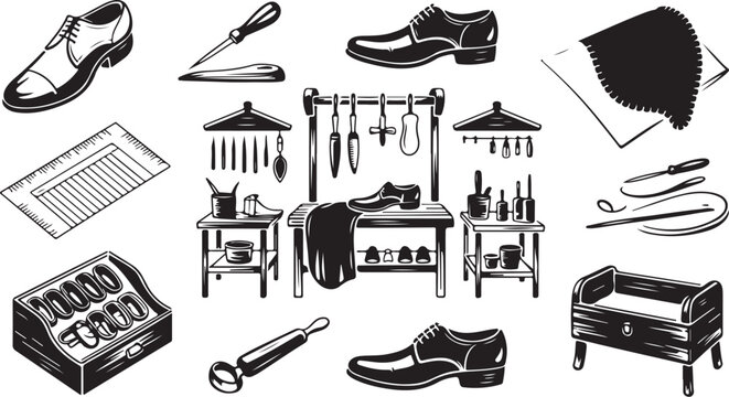Shoe repair, cobbler tools, black and white icons, vector graphics, shoe care