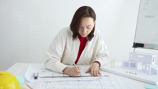 Architect working on new residential project using laptop, reviewing blueprints and drafting floor plans for modern building design with a 3d model on office desk