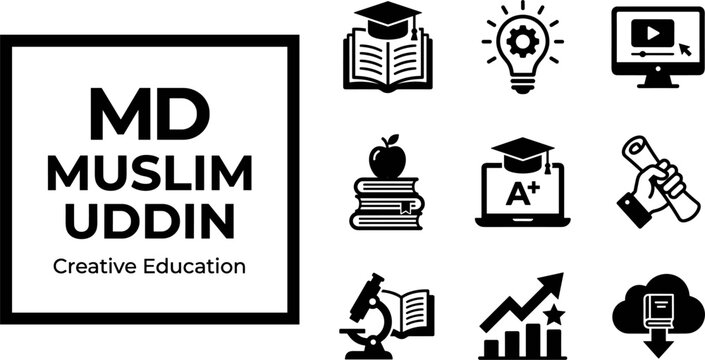 MD Muslim Uddin Creative Education Logo with Nine Black Education Icons Set Vector
