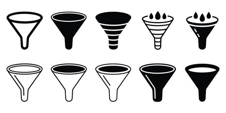 Set of funnel icons filter symbols data processing scientific equipment black and white vector graphics for information flow concepts and analysis systems