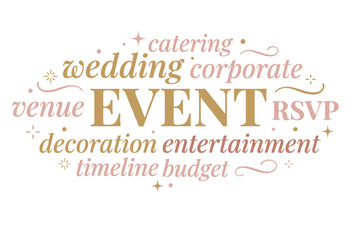 Obraz premium Event planning words in gold and pink