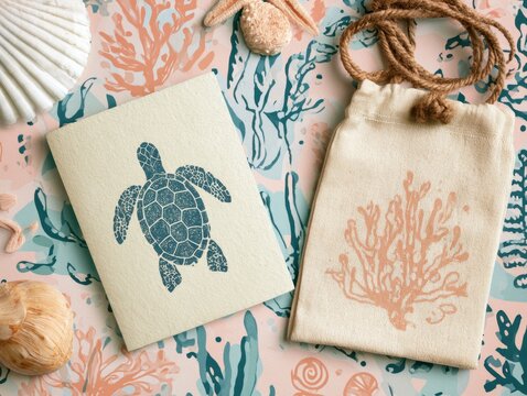 Oceanic Inspired Stationery and Pouch with Shells and Starfish Decor