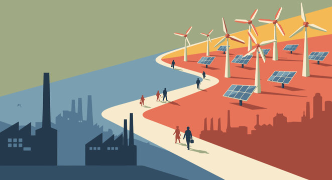 A compelling visual narrative depicting humanity's transition from traditional industrial practices to sustainable, renewable energy sources and a greener future.