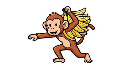 Cute cartoon monkey mascot character carrying a large bunch of bananas on its back © gambar