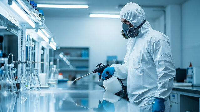Professional hygiene specialist wearing protective gear meticulously sanitizes a high-touch surface within a sterile laboratory environment to ensure safety and prevent contamination.