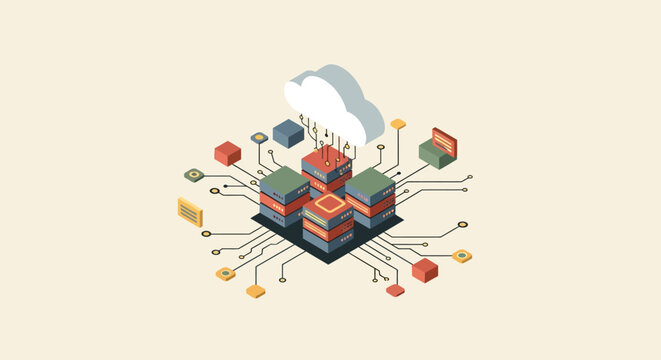 Isometric illustration depicting a robust cloud computing infrastructure, showcasing data storage, network connections, and digital information flow.
