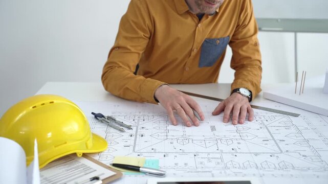 Architect or engineer working on architectural blueprints, drawing construction plans, designing a building project, and planning future development in an office