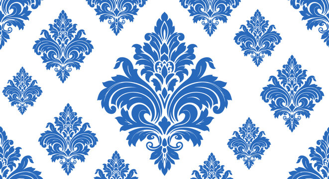 Royal blue damask seamless pattern background.