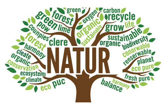 Eco friendly tree with green leaves and nature words