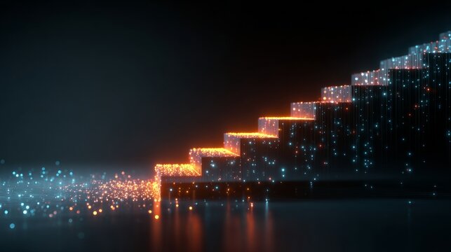 Futuristic glowing data pathway forming upward steps symbolizing business growth, digital transformation, success strategy, and future technology vision on a dark background