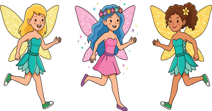 PrintCute Fairy Girls Vector Set &ndash; Hand-Drawn Cartoon Fairies with Wings, Flower Crown and Sparkles