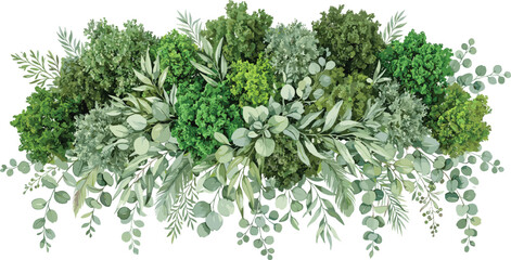 Lush watercolor greenery border with eucalyptus and fern leaves for elegant wedding stationery and organic branding © SeeShoyagini