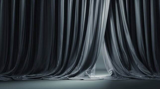 Gray theater curtain dropped down on dark empty stage background with dramatic lighting and clean copy space for text overlay, presentation and design backdrop