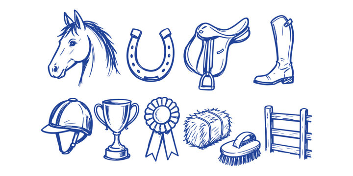equestrian elements and horseback riding sport doodle icon set with horse head horseshoe saddle boot helmet trophy ribbon rosette hay bale brush and fence vector illustration