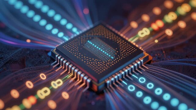 Quantum Computing Chip with Vibrant Data Transfer Visualization