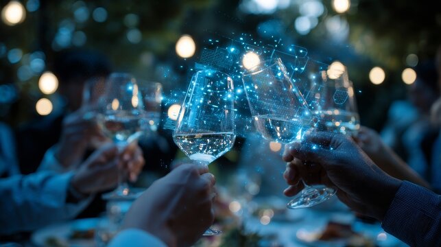 A group of people toasting with wine glasses at an elegant outdoor celebration, enhanced by digital hologram effects. The festive atmosphere is illuminated by soft evening lights