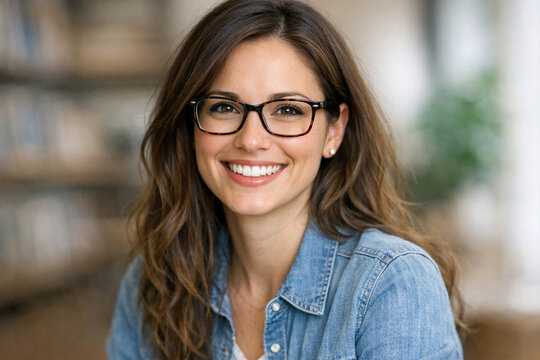 Smiling woman with glasses and long brown hair wearing a denim shirt.
