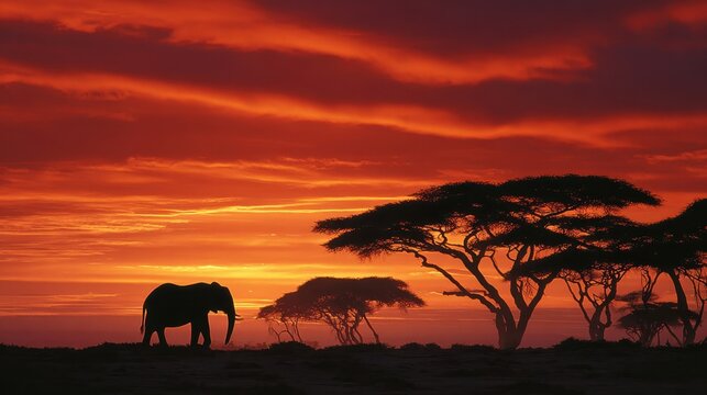 A lone elephant and acacia trees silhouetted against a fiery African savanna sunset casting long shadows