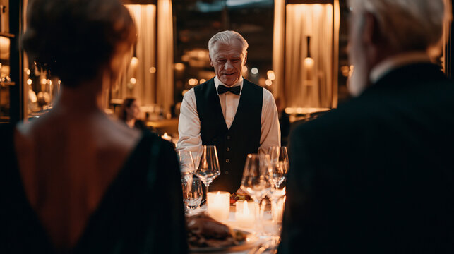 Professional sommelier hosting a luxury wine tasting for a couple featuring an older man and younger woman on a romantic date in an upscale fine dining restaurant