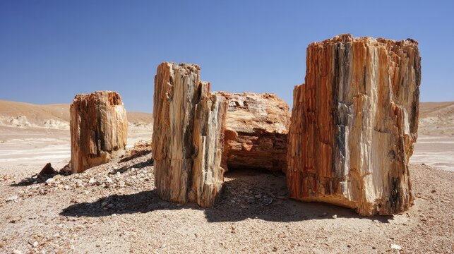 Ancient petrified forest with fossilized trees standing tall in a desert landscape