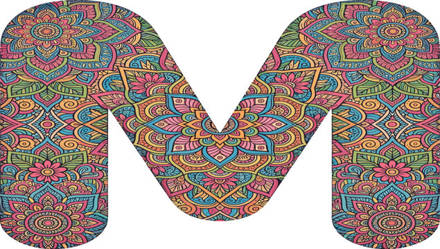 Letter M Mandala Pattern &ndash; Floral Boho Alphabet Design with Colorful Henna Mehndi Style Ornament