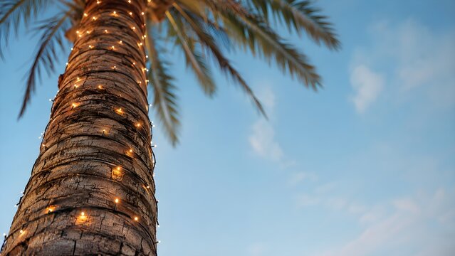 Palm Tree Wrapped in Twinkling Lights Against a Clear Blue Sky
