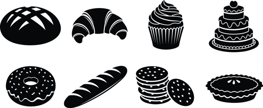Set of bakery pastry silhouette icons featuring bread croissant cupcake cake donut baguette cookies and pie