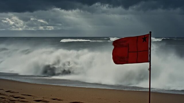 Red warning flag waving on a sandy beach during a stormy ocean swell