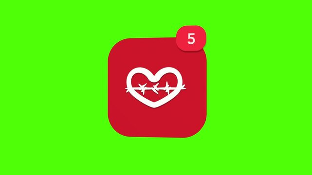 A 3D red heart organ entwined with sharp barbed wire love pain drama relation alert notification icon popping up and rotating on a green screen chroma key background with a red number counter animatio