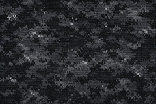 Seamless black and grey digital camouflage pattern background. Abstract dark military camo vector illustration for tactical gear, urban warfare texture, and apparel print.