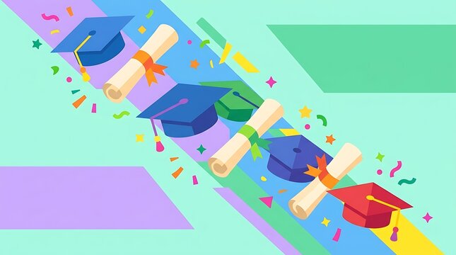 Graduation mortarboards and scrolls on a colorful geometric background