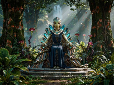Alien Queen Sitting on Crystal Throne in Mystical Jungle Forest