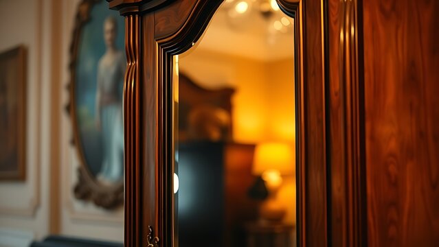 Vintage wooden armoire with ornate mirror, polished surface in warm golden light.