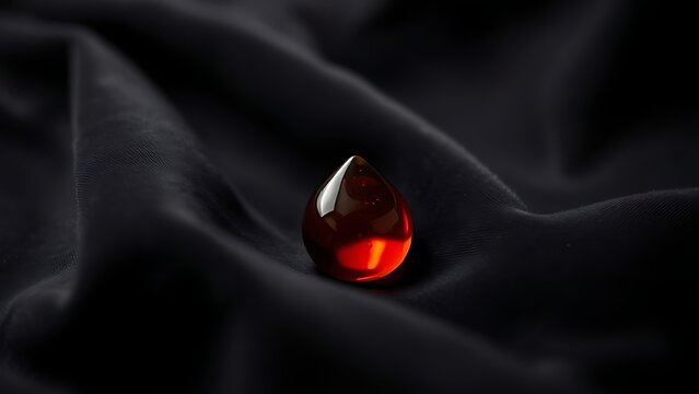 Single tear of dark myrrh resin resting on deep black velvet fabric.