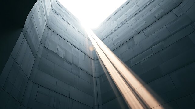 A monumental geometric concrete light well with sharp beams of sunlight.