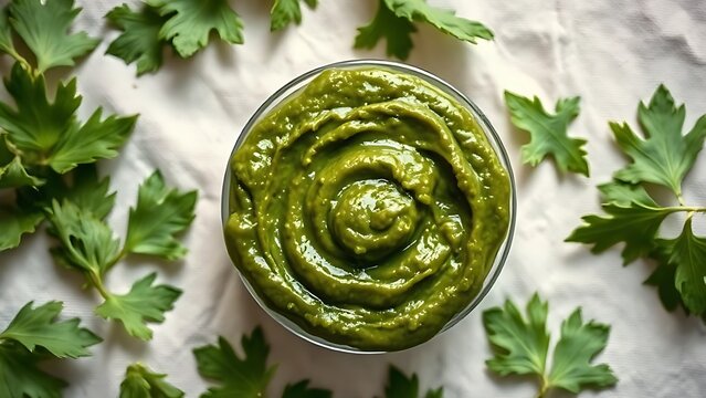 Fresh green herbal paste on a linen cloth, a natural remedy prepared.