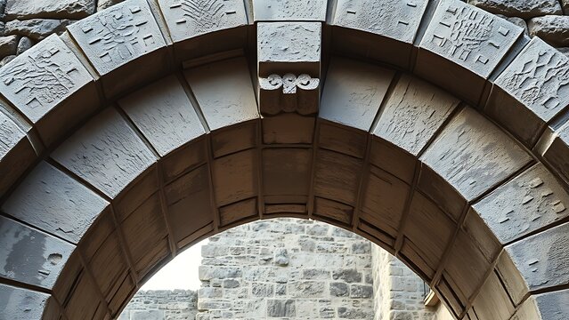 Ancient stone arch bridge keystone with intricate weathered carvings.