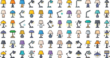 Fototapeta premium Collection of table lamps, desk lamps and decorative lighting fixtures in colorful flat vector icon set isolated on white