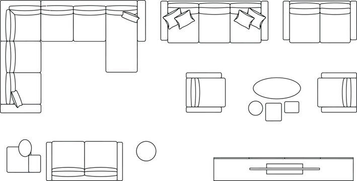 Living room furniture layout sheet in top view, architectural interior design vector plan with sectional sofa, lounge seating, tables and TV media console for space planning and CAD drafting.
