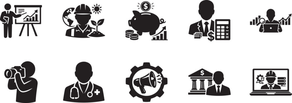 Icon of professions set featuring various career symbols in clean vector style for business use.