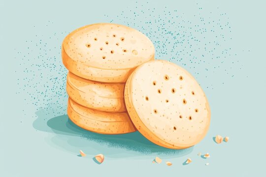 A stack of four light-brown cookies with holes on a light blue background with crumbs