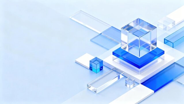 Minimal abstract 3D composition of transparent blue and clear glass geometric shapes on light blue background modern clean business and technology design