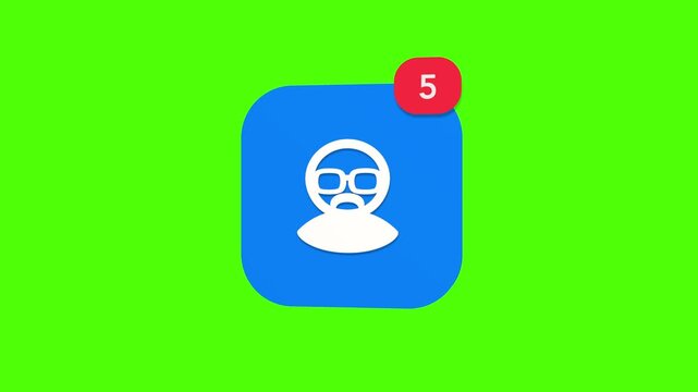 A 3D hipster male user silhouette avatar with glasses and mustache barber fashion style notification icon popping up and rotating on a green screen chroma key background with a red number counter anim