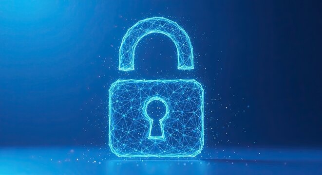 Digital padlock unlocked glowing blue geometric network lines and particles on a dark blue background representing cybersecurity data protection and online safety concepts with futuristic technology