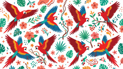 Colorful tropical macaw parrots with exotic flowers, jungle leaves and decorative botanical elements seamless vector illustration pattern © MDRipon