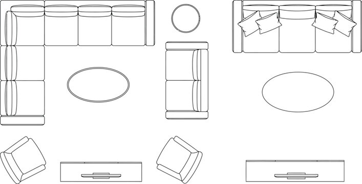Dual architectural CAD living room floor plans in top view. Blueprint style interior layout comparison with two furniture arrangement options, sectional seating, chairs, tables and media console 