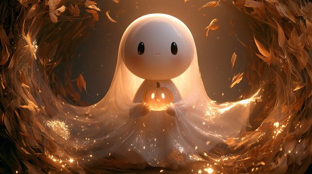 friendly ghost child holding tiny glowing pumpkin, translucent shimmery fabric, surrounded by swirling autumn leaves and magical